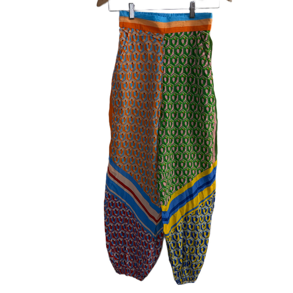 Farm Rio Cashew Mixed Scarf Print Pants Womens XS Orange Balloon Boho Colorful